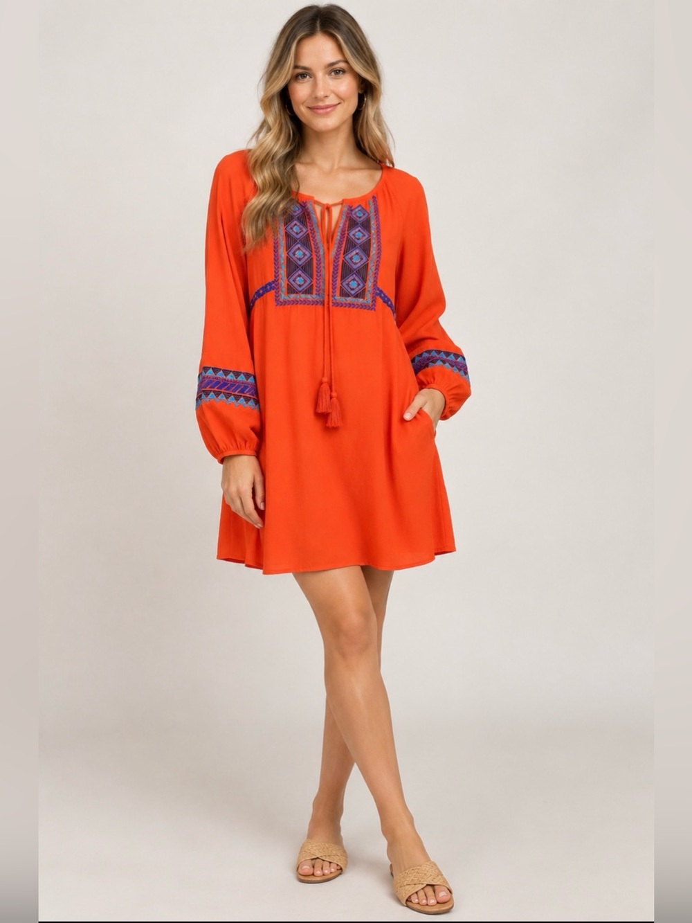GB by Gianni Bini Orange Embroidered Boho Tunic Dress L Long Sleeve